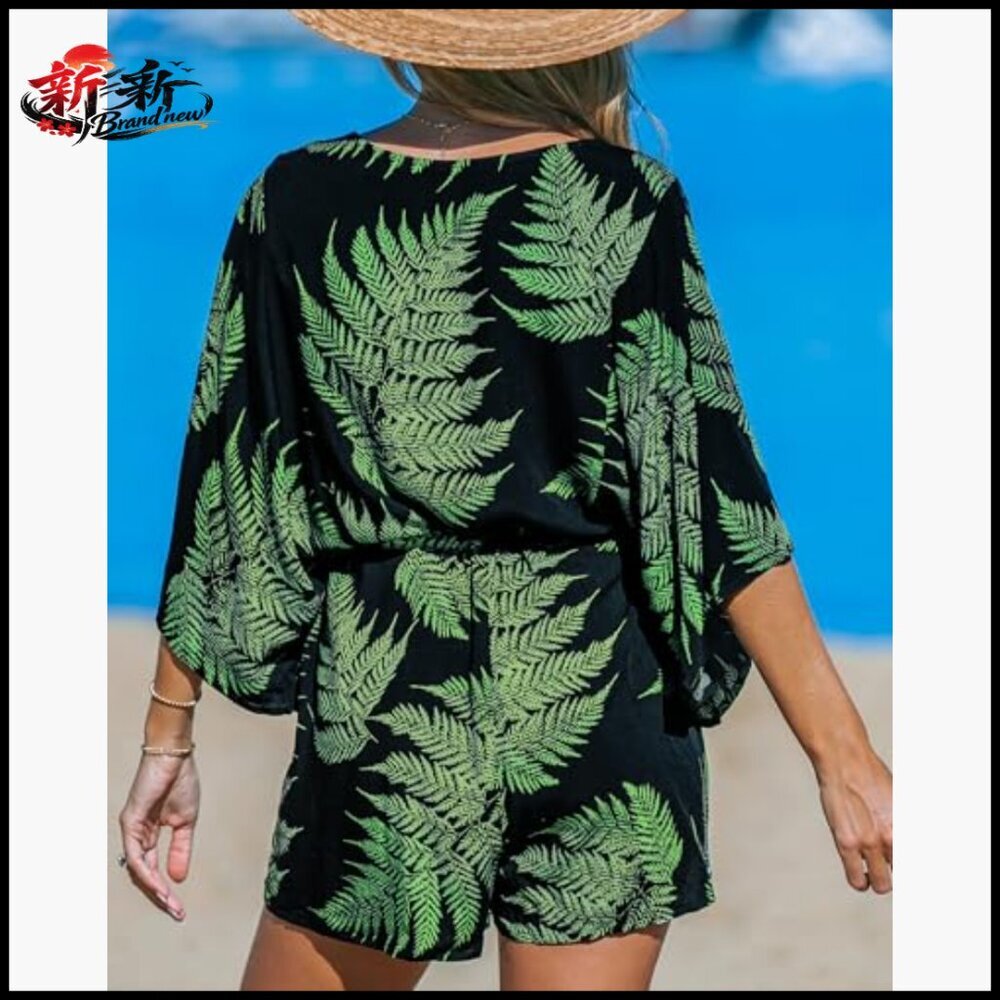 Polyester Romper with V-Neck and Tie Waist for Summer Beach Wear - Picture 2 of 6